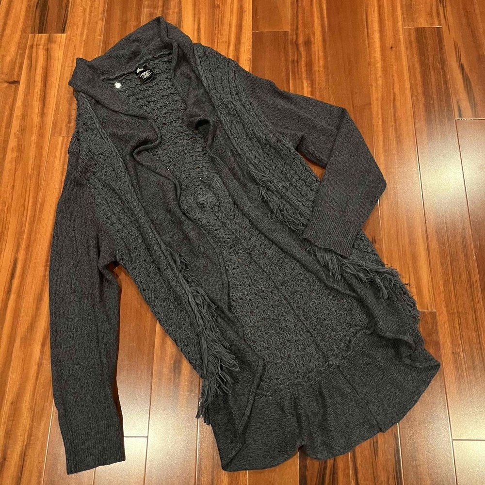 Knitted And Knotted Dark Gray Cardigan Sweater Fringe Cable Knit Open Size XL